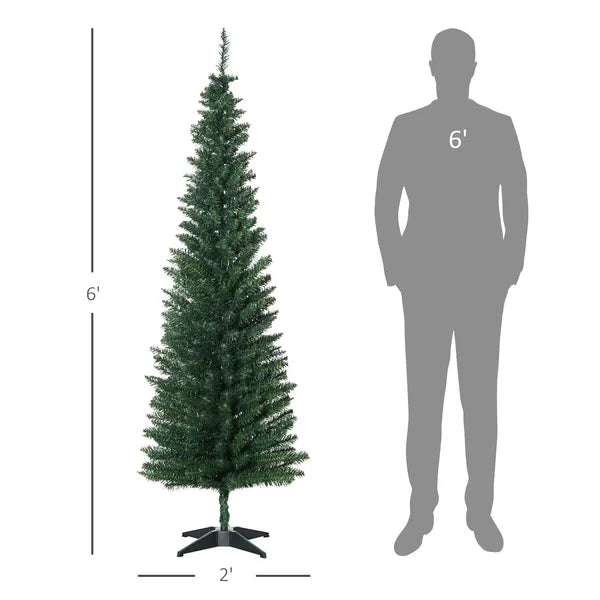 6FT Pencil Slim Artificial Christmas Tree, Unlit Realistic Green PVC Branches, Metal Stand, Space Saving Indoor Xmas Decor