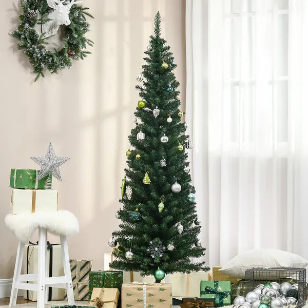 6FT Pencil Slim Artificial Christmas Tree, Unlit Realistic Green PVC Branches, Metal Stand, Space Saving Indoor Xmas Decor