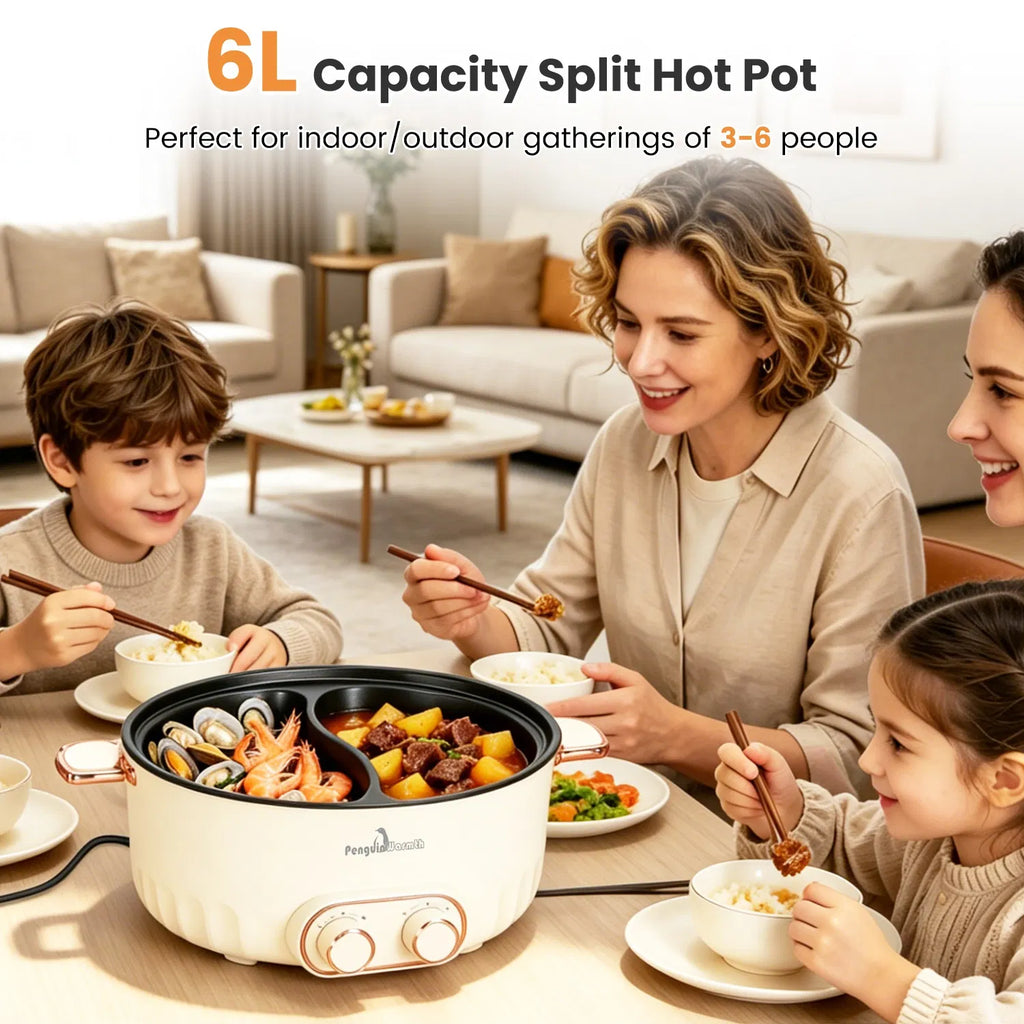 6L Electric Hot Pot with Divider, 110V Dual-Flavor Shabu Shabu Pot, 2000W Independent Dual Control, Non-Stick Stainless Steel Hotpot with Lid, Overheat Protection for 3-6 People