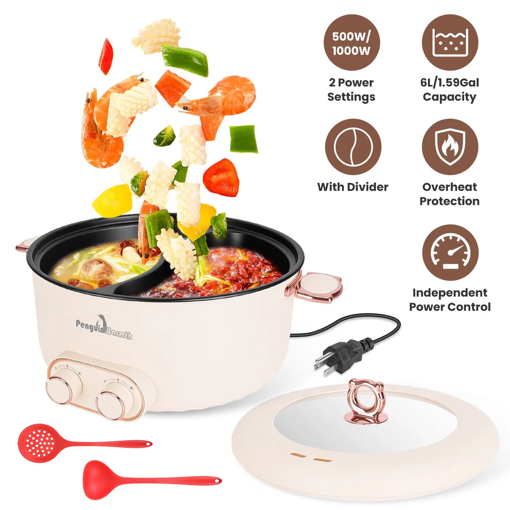 6L Electric Hot Pot with Divider, 110V Dual-Flavor Shabu Shabu Pot, 2000W Independent Dual Control, Non-Stick Stainless Steel Hotpot with Lid, Overheat Protection for 3-6 People
