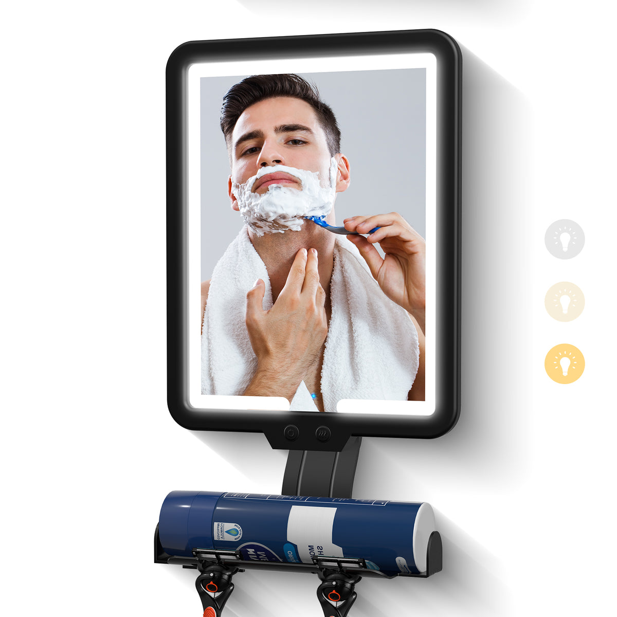 Lighted Fogless Shower Mirror for Shaving, Anti-Fog, 3 Color Dimmable, Adjustable, Razor & Foam Holder, Wall Mount