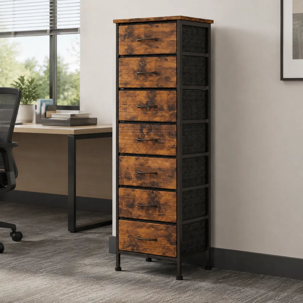 Rustic Brown 7‑Drawer Fabric Storage Dresser, Narrow Tall Chest of Drawers with Wood‑Top & Anti‑Tip Strap for Home Organization