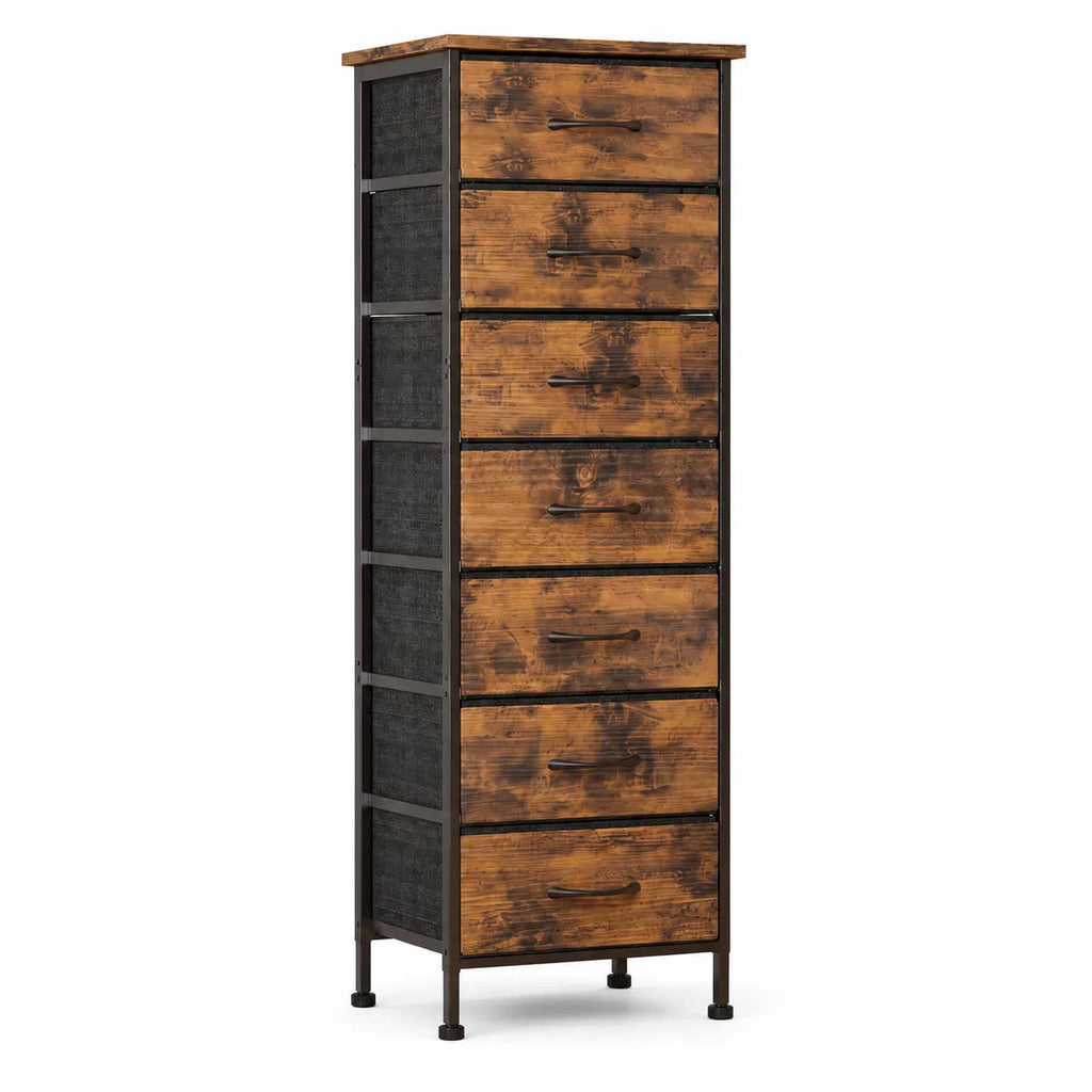 Rustic Brown 7‑Drawer Fabric Storage Dresser, Narrow Tall Chest of Drawers with Wood‑Top & Anti‑Tip Strap for Home Organization