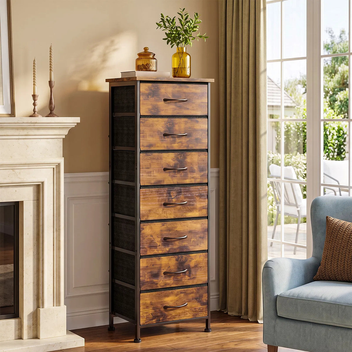 Rustic Brown 7‑Drawer Fabric Storage Dresser, Narrow Tall Chest of Drawers with Wood‑Top & Anti‑Tip Strap for Home Organization