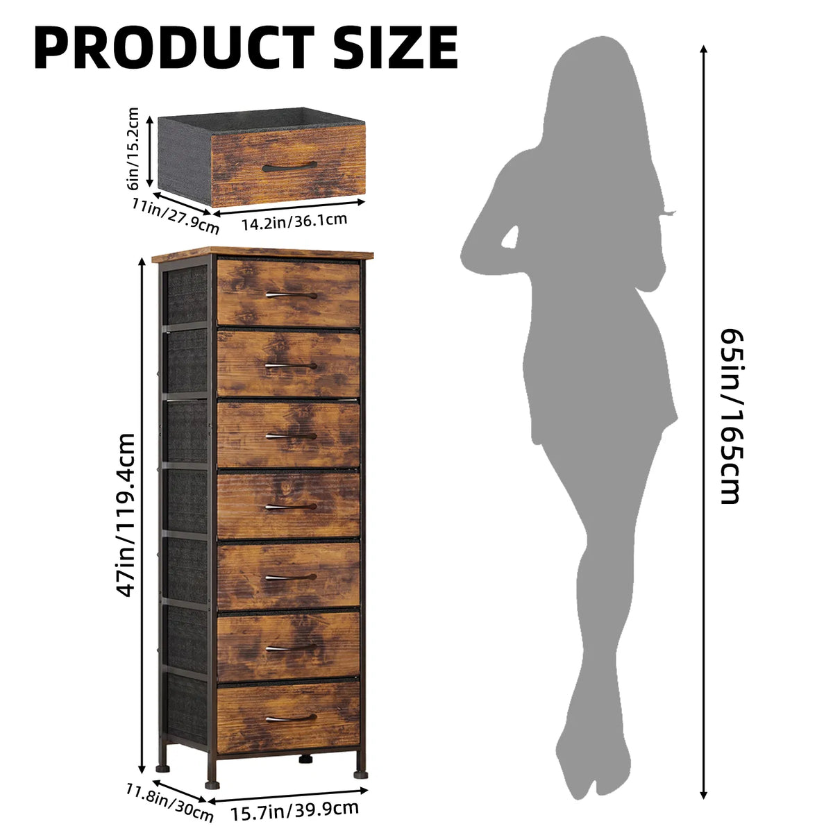 Rustic Brown 7‑Drawer Fabric Storage Dresser, Narrow Tall Chest of Drawers with Wood‑Top & Anti‑Tip Strap for Home Organization
