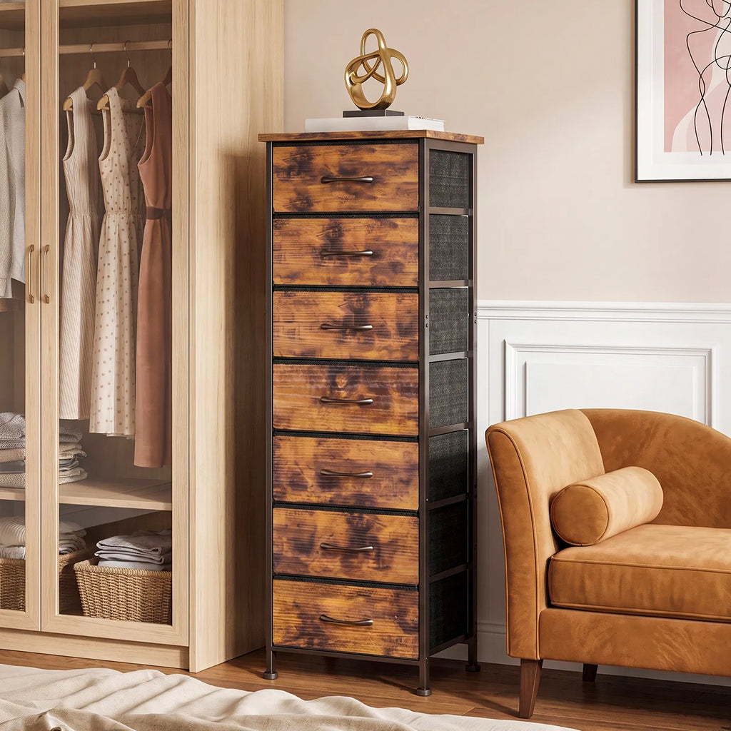 Rustic Brown 7‑Drawer Fabric Storage Dresser, Narrow Tall Chest of Drawers with Wood‑Top & Anti‑Tip Strap for Home Organization