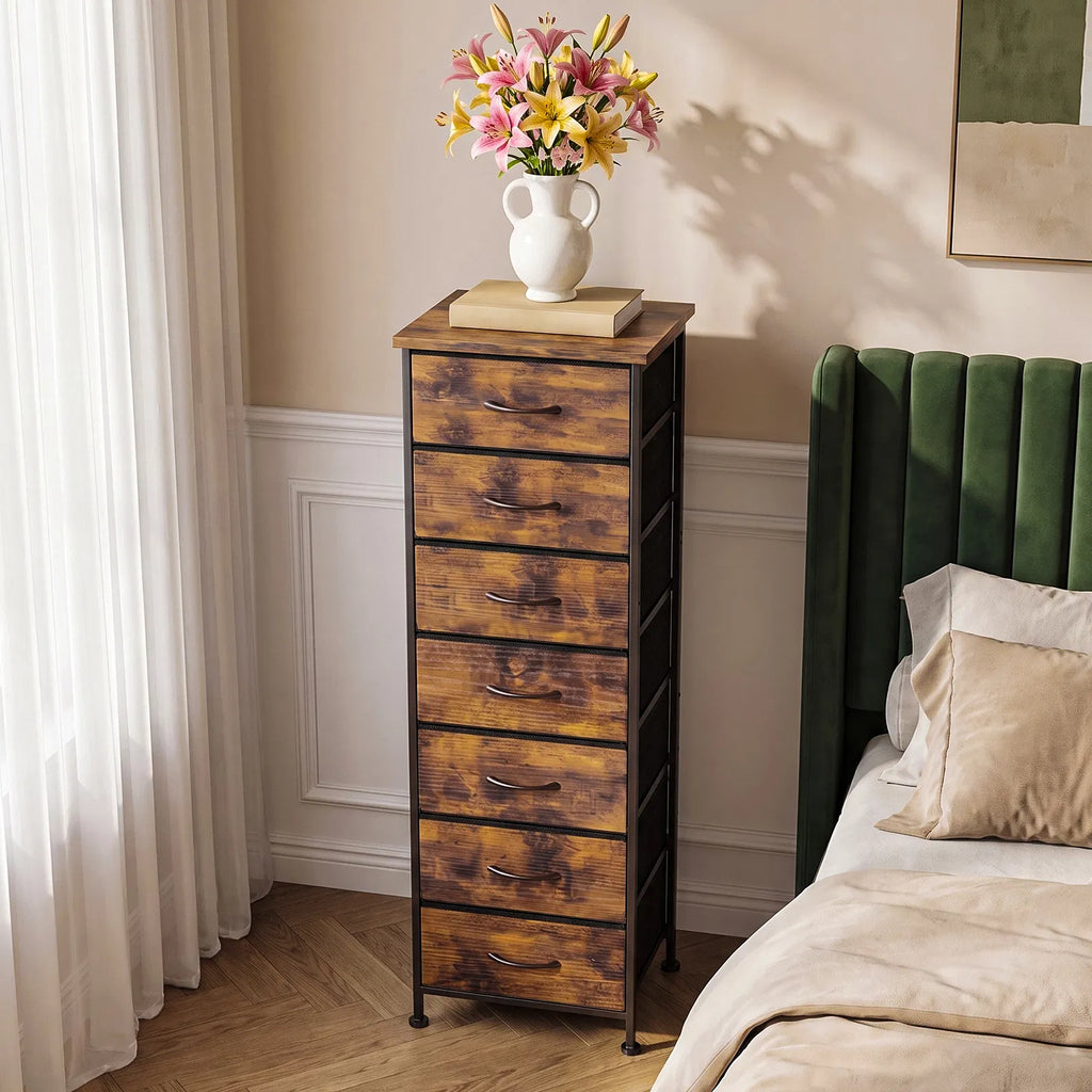 Rustic Brown 7‑Drawer Fabric Storage Dresser, Narrow Tall Chest of Drawers with Wood‑Top & Anti‑Tip Strap for Home Organization