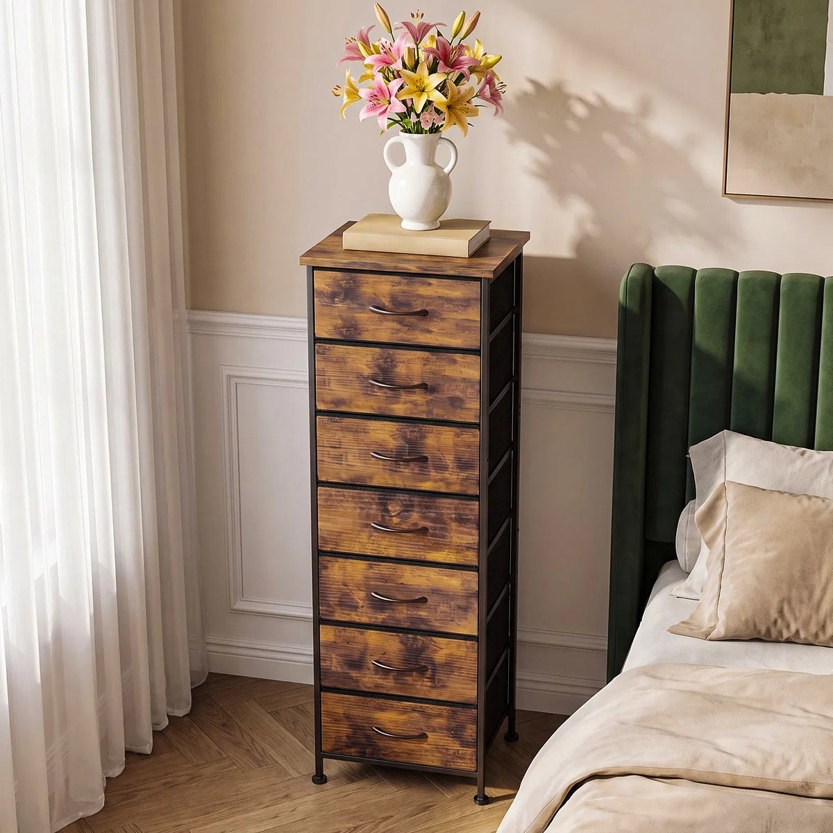 Rustic Brown 7‑Drawer Fabric Storage Dresser, Narrow Tall Chest of Drawers with Wood‑Top & Anti‑Tip Strap for Home Organization