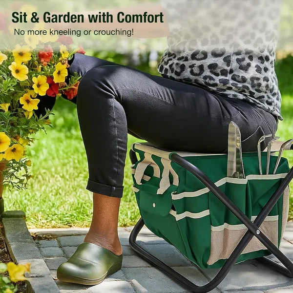 Aeelleea 7Pc Gardening Tool Set, 14.57×12×12.99 Inch, Stainless Steel Tools with Wood Handle, Folding Stool & Canvas Tote Bag, Green