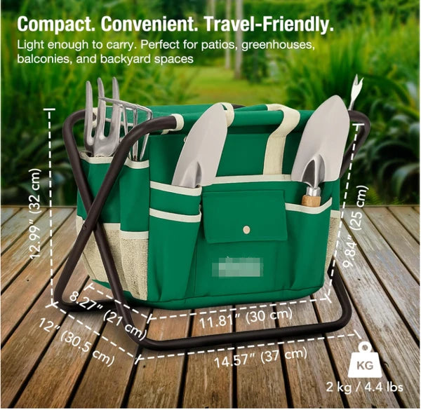 Aeelleea 7Pc Gardening Tool Set, 14.57×12×12.99 Inch, Stainless Steel Tools with Wood Handle, Folding Stool & Canvas Tote Bag, Green