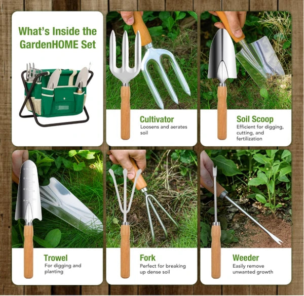 Aeelleea 7Pc Gardening Tool Set, 14.57×12×12.99 Inch, Stainless Steel Tools with Wood Handle, Folding Stool & Canvas Tote Bag, Green