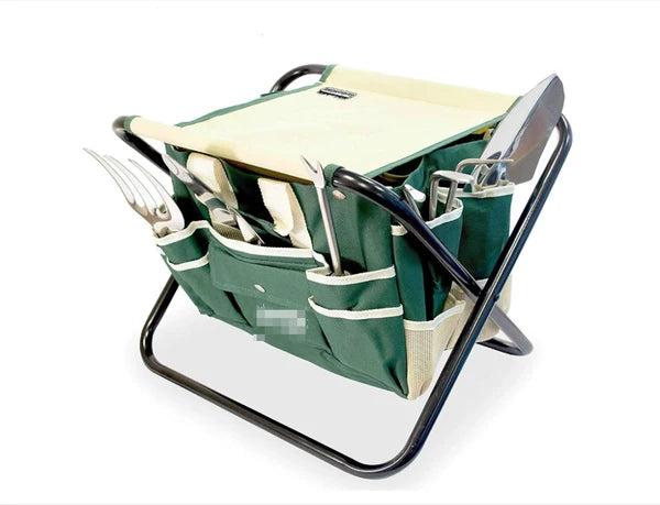 Aeelleea 7Pc Gardening Tool Set, 14.57×12×12.99 Inch, Stainless Steel Tools with Wood Handle, Folding Stool & Canvas Tote Bag, Green