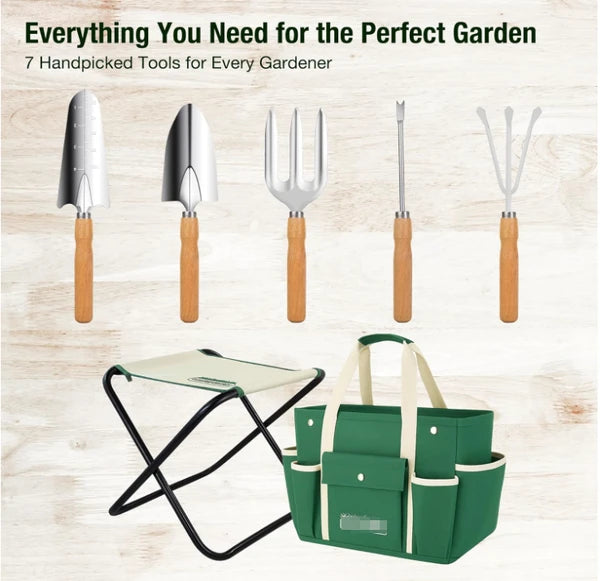 Aeelleea 7Pc Gardening Tool Set, 14.57×12×12.99 Inch, Stainless Steel Tools with Wood Handle, Folding Stool & Canvas Tote Bag, Green