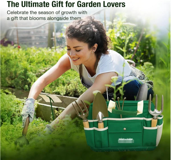Aeelleea 7Pc Gardening Tool Set, 14.57×12×12.99 Inch, Stainless Steel Tools with Wood Handle, Folding Stool & Canvas Tote Bag, Green