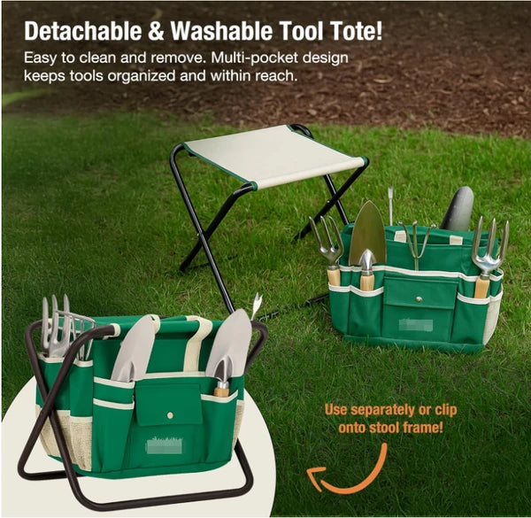 Aeelleea 7Pc Gardening Tool Set, 14.57×12×12.99 Inch, Stainless Steel Tools with Wood Handle, Folding Stool & Canvas Tote Bag, Green