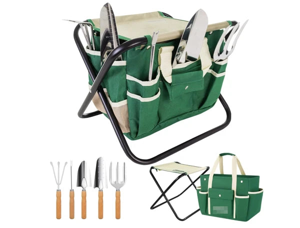 Aeelleea 7Pc Gardening Tool Set, 14.57×12×12.99 Inch, Stainless Steel Tools with Wood Handle, Folding Stool & Canvas Tote Bag, Green