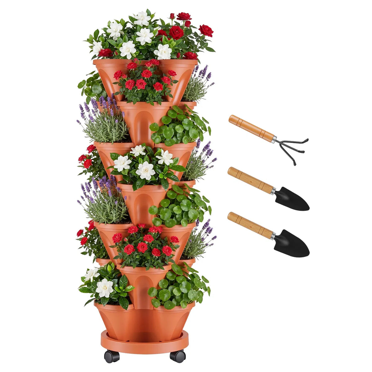 7-Tier Stackable Vertical Planter with Wheels, PP Plastic Stacking Strawberry Herb Flower Vegetable Planter Tower with Drainage, Rolling Mobile Garden Planter for Balcony Patio Indoor Outdoor