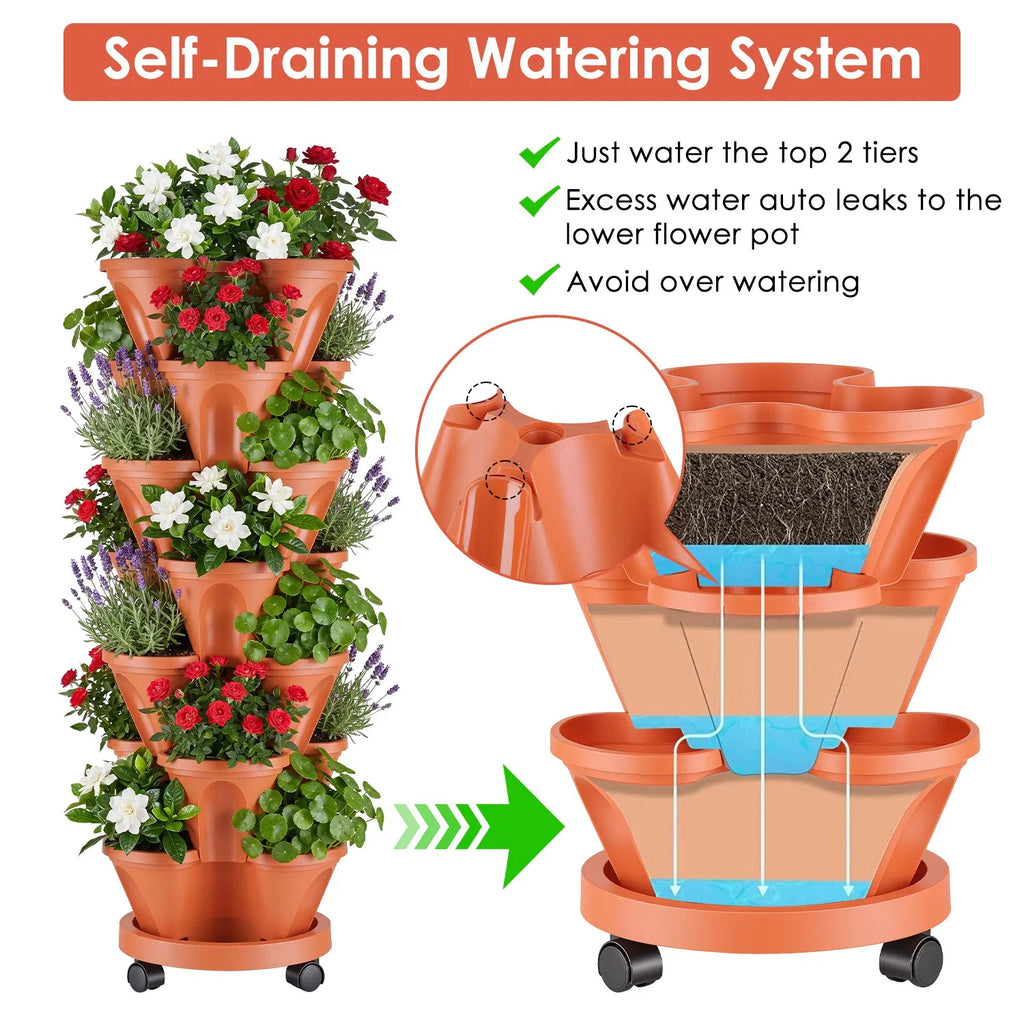 7-Tier Stackable Vertical Planter with Wheels, PP Plastic Stacking Strawberry Herb Flower Vegetable Planter Tower with Drainage, Rolling Mobile Garden Planter for Balcony Patio Indoor Outdoor