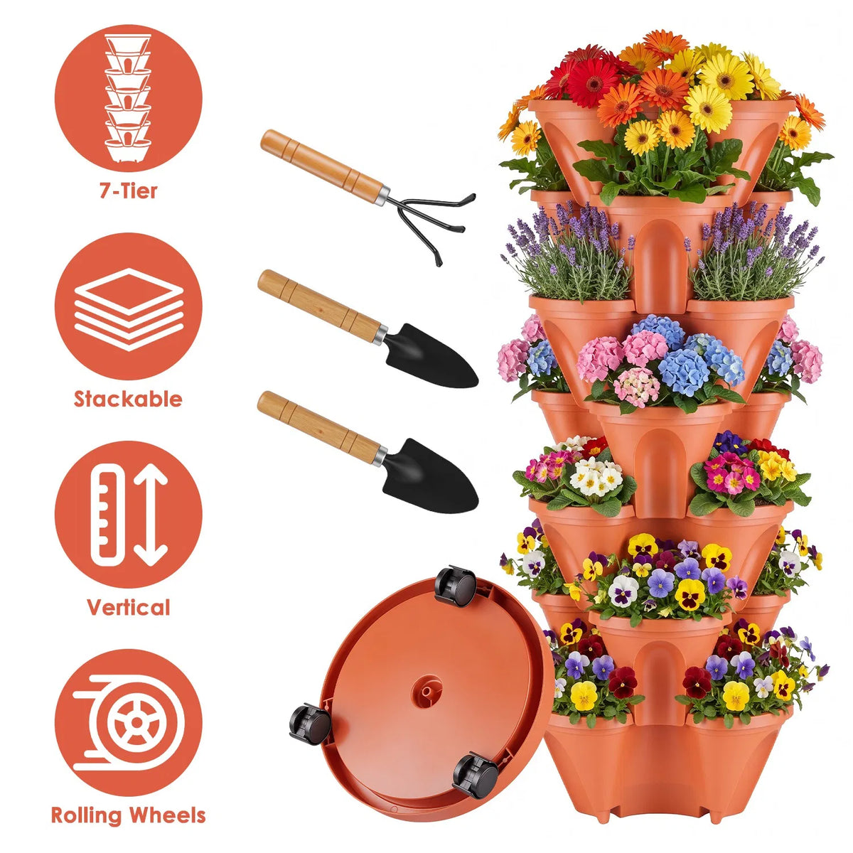 7-Tier Stackable Vertical Planter with Wheels, PP Plastic Stacking Strawberry Herb Flower Vegetable Planter Tower with Drainage, Rolling Mobile Garden Planter for Balcony Patio Indoor Outdoor