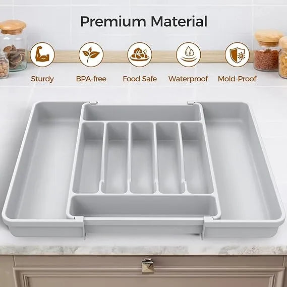 AEELLEEA Expandable Silverware Organizer Tray, Gray Adjustable Kitchen Drawer Utensil Holder for Flatware