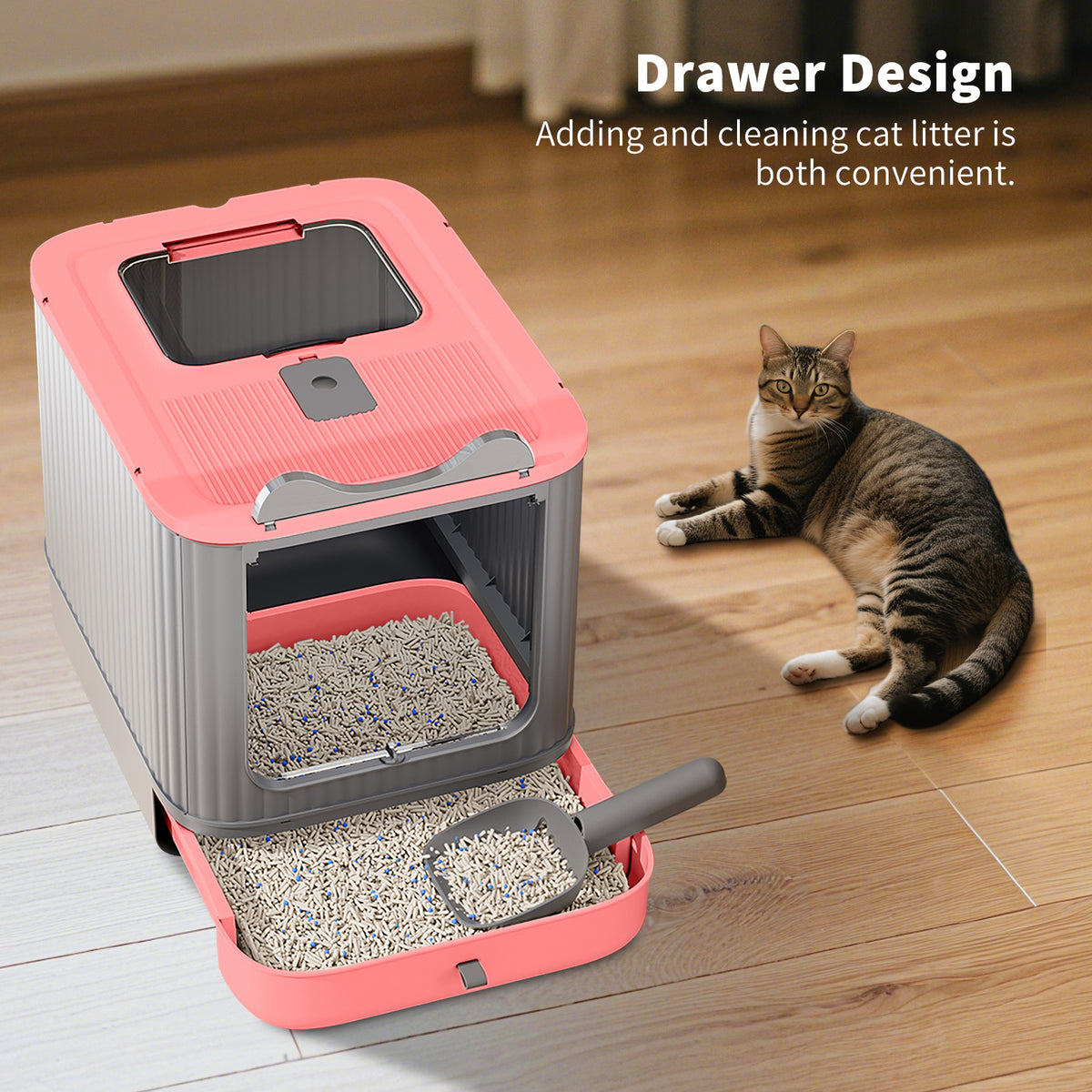 Foldable Enclosed Cat Litter Box with Drawer Tray, Top Exit & Front Entry, Litter Scoop, Gray and Pink, 19.69" x 13.78" x 13.78"