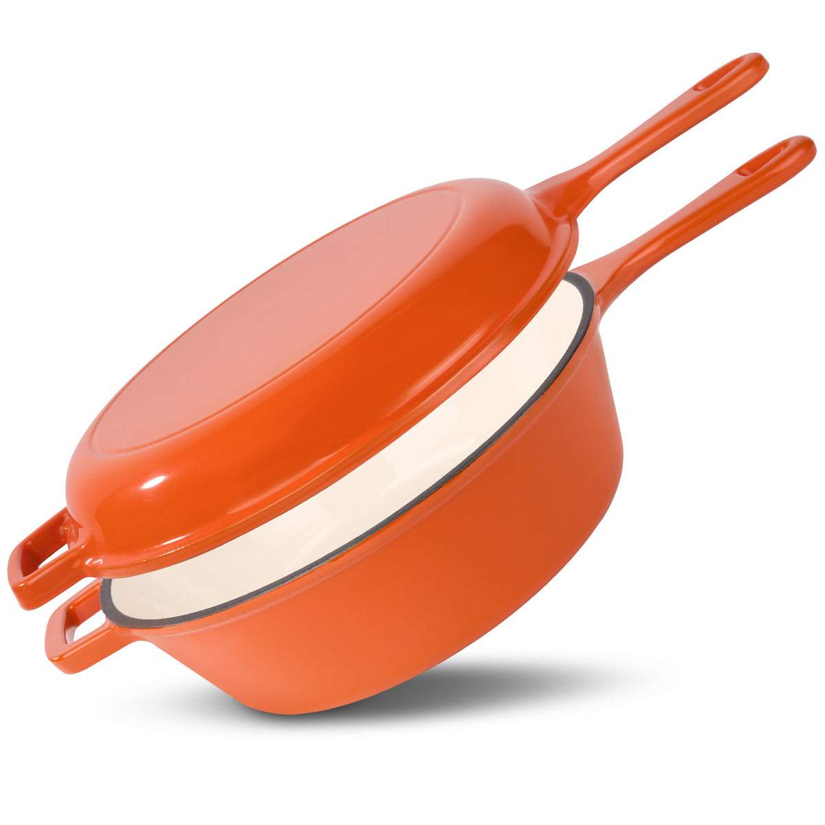 2-in-1 Enameled Cast Iron Combo Cooker, Dutch Oven with Skillet Lid, Multi-use Braising Pot for Stovetop & Oven, Green / Orange Available