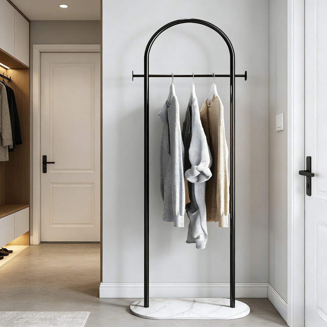 AEELLEEA-Freestanding Metal Coat Rack with Bottom Storage Shelf & Side Hooks, Modern Garment Organizer