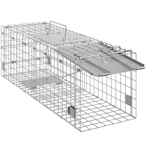 Live Animal Cage Trap, 24"x8"x8", Humane Galvanized Iron Folding Trap with Handle for Cats, Rabbits, Raccoons, Squirrels & More
