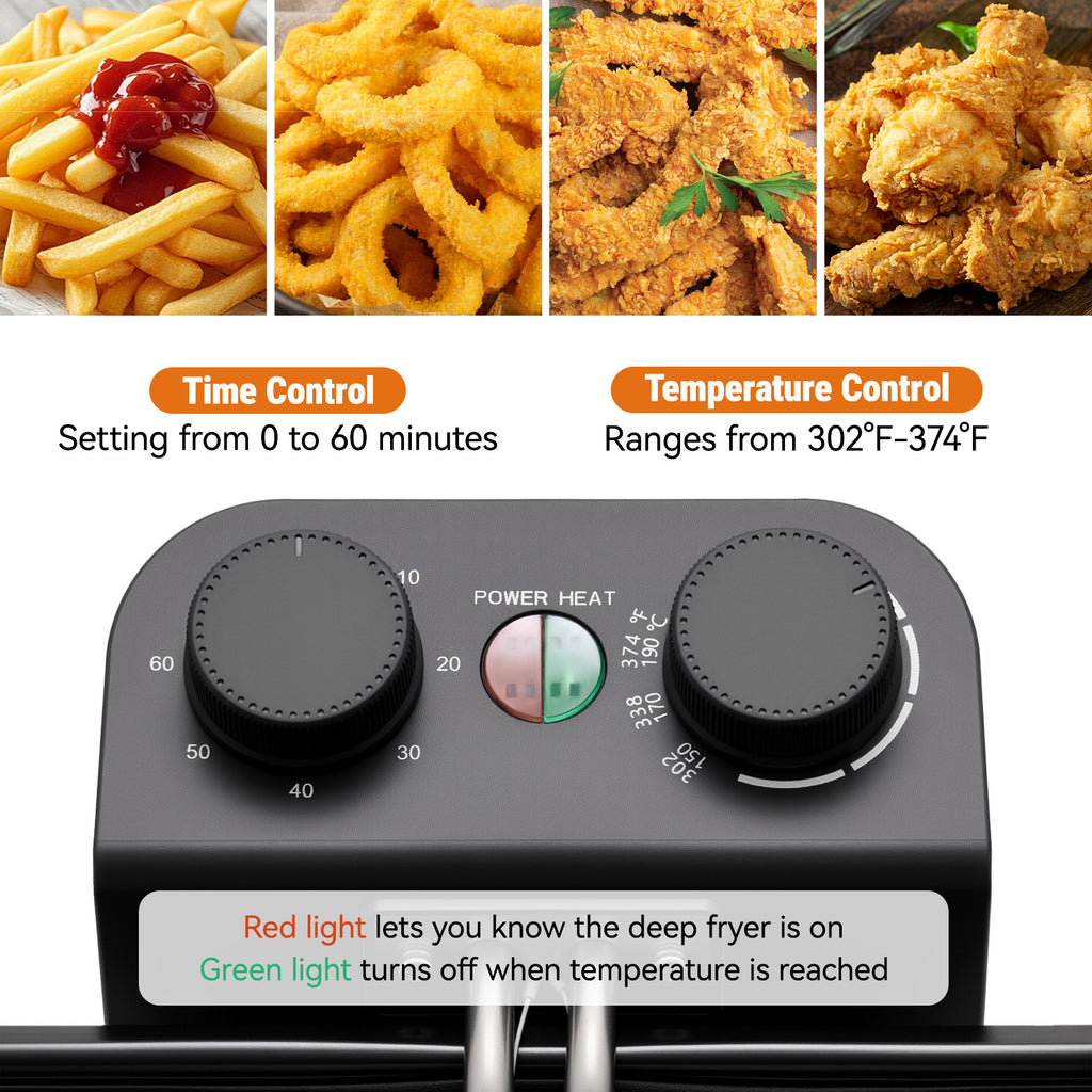 1700W Electric Deep Fryer, 5L Stainless Steel Countertop Deep Fryer with 3 Frying Baskets, Adjustable Temp & View Window Lid, Dishwasher‑Safe for Home Cooking