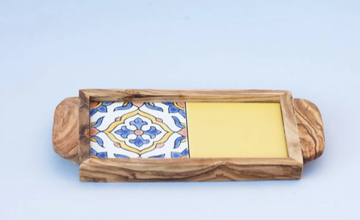Handmade Olive Wood Serving Tray with Hand-Painted Ceramic Tile, Ergonomic Handles, 11 x 5 in