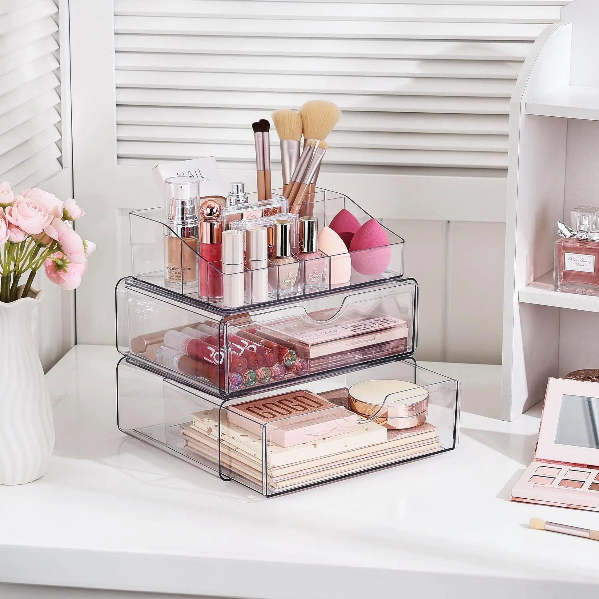 Clear Stackable Makeup Organizer with 2 Drawers, 3-Tier Cosmetic Storage with Divided Top Tray, Non-Slip Vanity Holder for Skincare Brushes