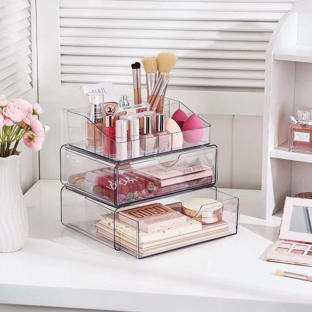 Clear Stackable Makeup Organizer with 2 Drawers, 3-Tier Cosmetic Storage with Divided Top Tray, Non-Slip Vanity Holder for Skincare Brushes