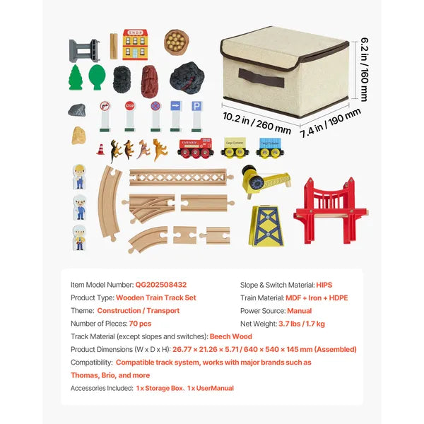 Aeelleea 70Pcs Wooden Train Track Set, 26.77×21.26 Inch Magnetic Crane Railway Toy, Compatible with Major Brands, Gift for Kids Ages 3-8 Boys Girls