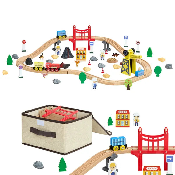 Aeelleea 70Pcs Wooden Train Track Set, 26.77×21.26 Inch Magnetic Crane Railway Toy, Compatible with Major Brands, Gift for Kids Ages 3-8 Boys Girls