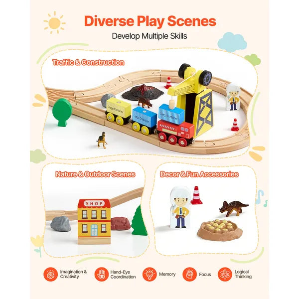 Aeelleea 70Pcs Wooden Train Track Set, 26.77×21.26 Inch Magnetic Crane Railway Toy, Compatible with Major Brands, Gift for Kids Ages 3-8 Boys Girls