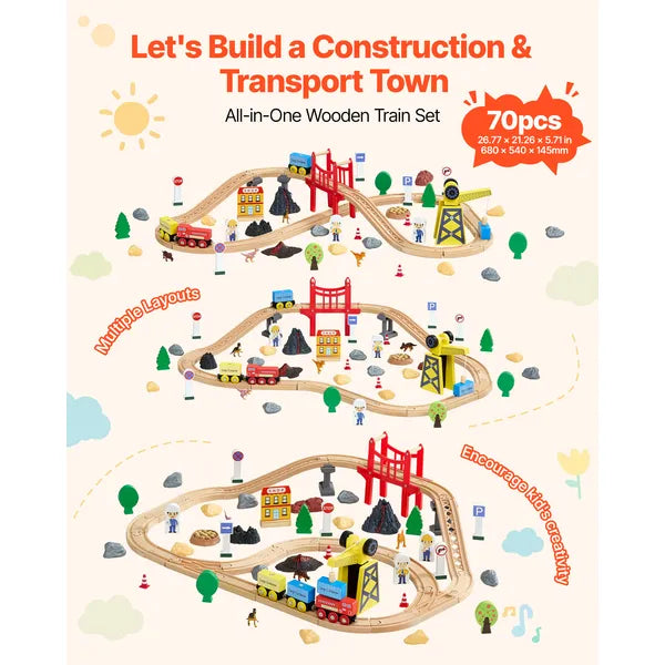 Aeelleea 70Pcs Wooden Train Track Set, 26.77×21.26 Inch Magnetic Crane Railway Toy, Compatible with Major Brands, Gift for Kids Ages 3-8 Boys Girls