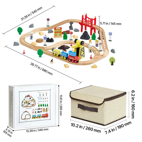 Aeelleea 70Pcs Wooden Train Track Set, 26.77×21.26 Inch Magnetic Crane Railway Toy, Compatible with Major Brands, Gift for Kids Ages 3-8 Boys Girls
