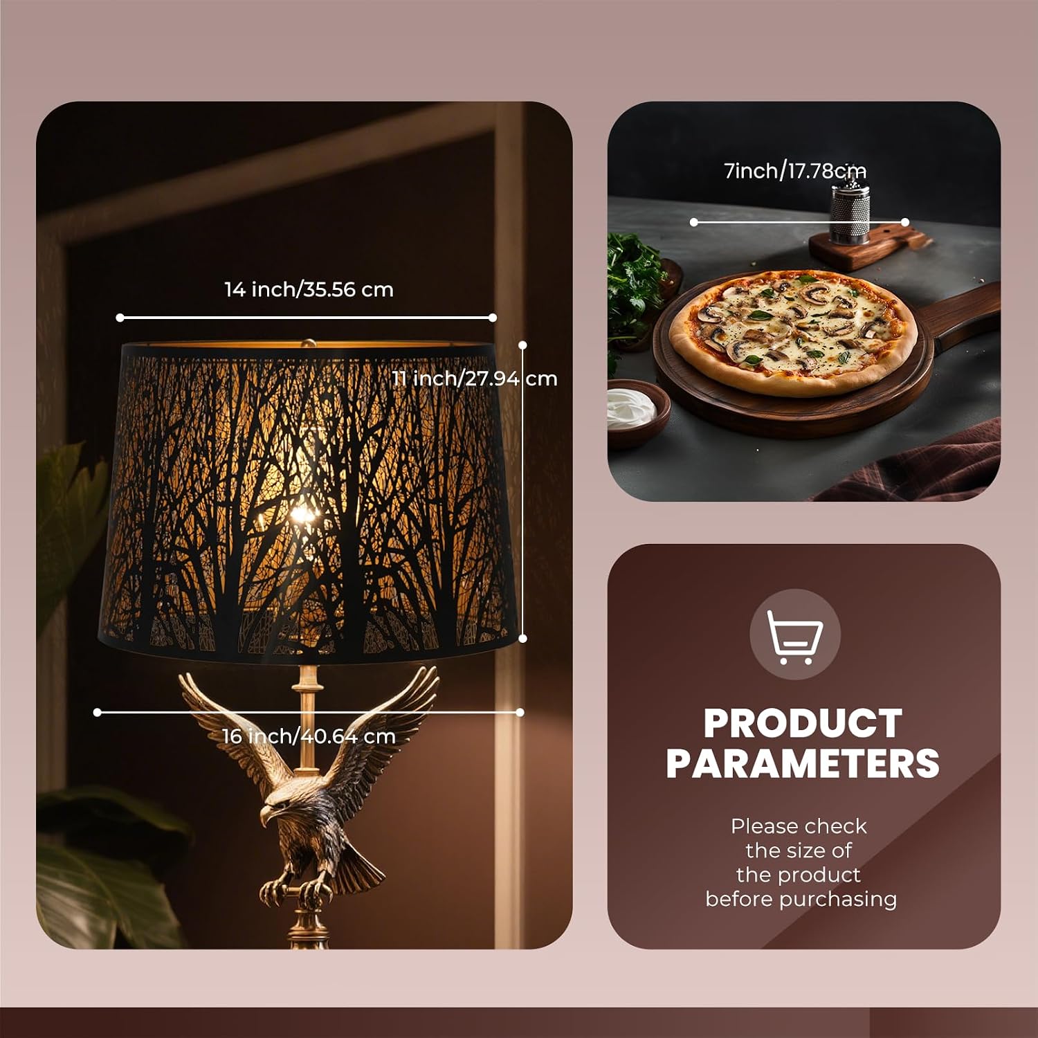 ALUCSET 14"×16"×11" Drum Metal Lamp Shade, Black Gold Forest Etched Tree Shadow Lampshade with Spider Fitter for Table & Floor Lamps