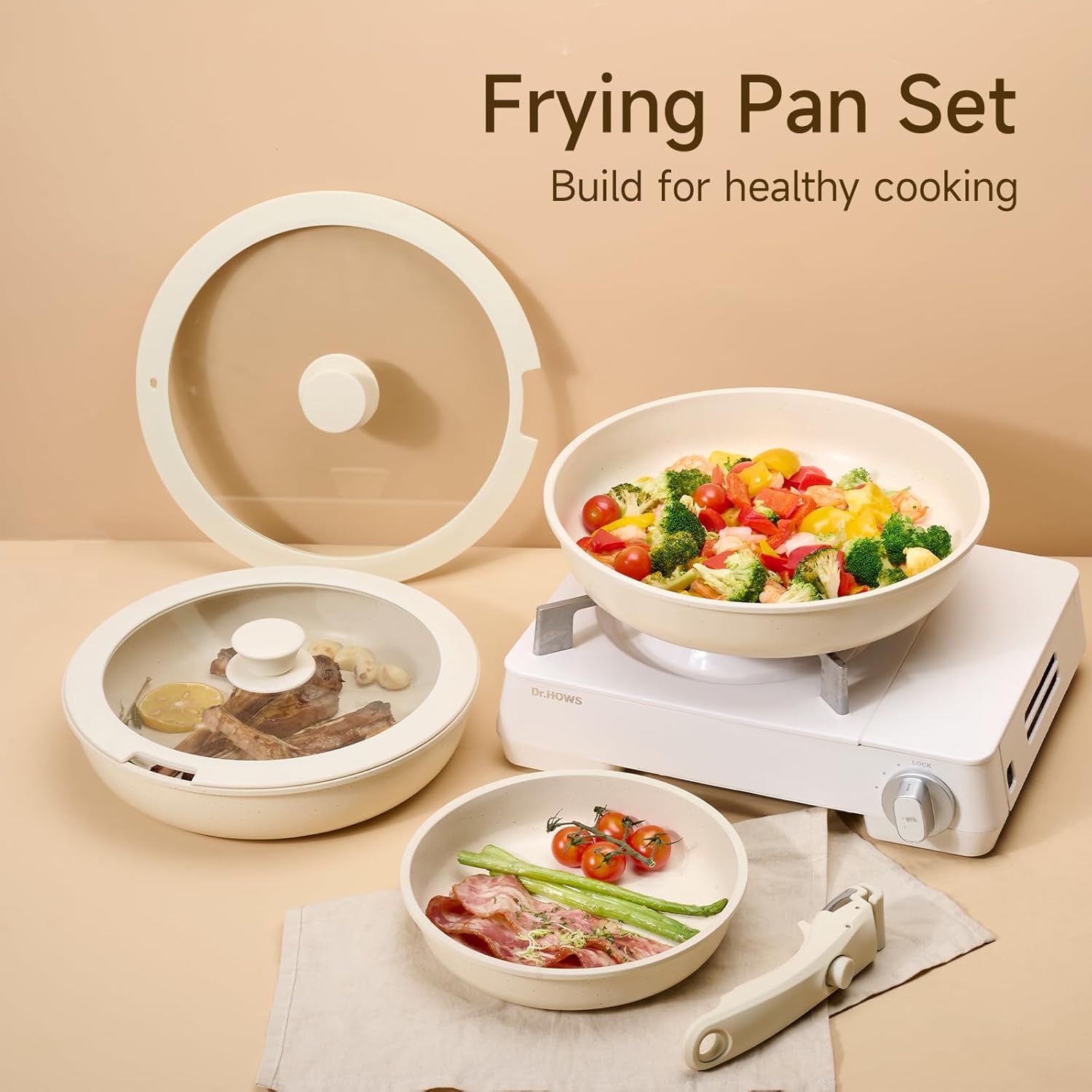 Nonstick Frying Pan Set, Non Stick Frying Pans with lid and Detachable Handle, Frying Pan Set with Removable Handle-8 Inch-9.5 Inch-11 Inch, Oven Safe, PFOA Free, Beige