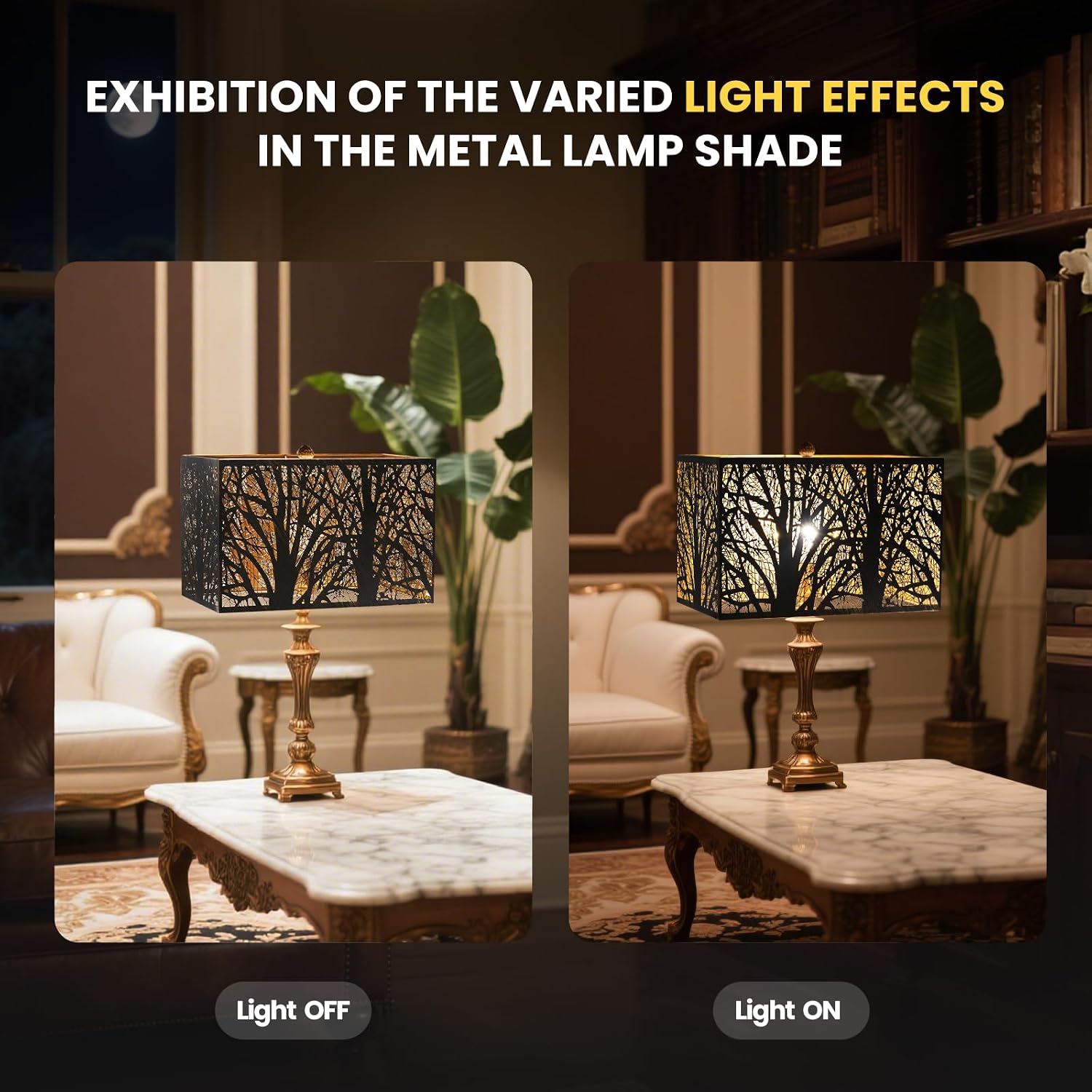 ALUCSET 14"×8"×9" Rectangular Metal Lamp Shade, Forest Etched Tree Shadow Glow Lampshade with Spider Fitter for Table Lamps