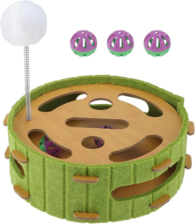 Interactive Cat Toy Ball Track, Wooden Cat Puzzle Toy with Bell Balls and Spring Pom-Pom, Cat Enrichment Activity Center for Indoor Cats Kittens