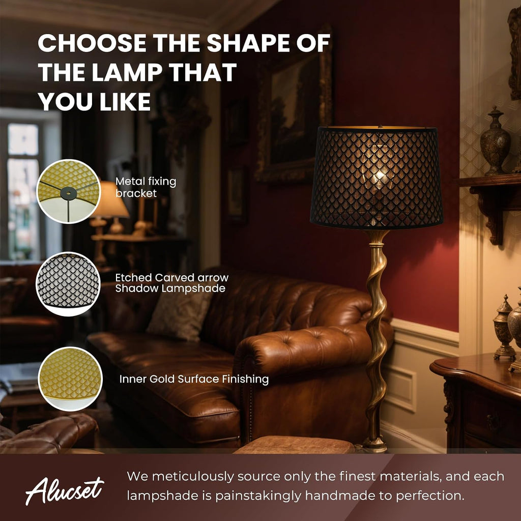 ALUCSET 14"×16"×11" Drum Metal Lamp Shade, Black Gold Arrow Diamond Etched Lampshade with Spider Fitter for Table & Floor Lamps