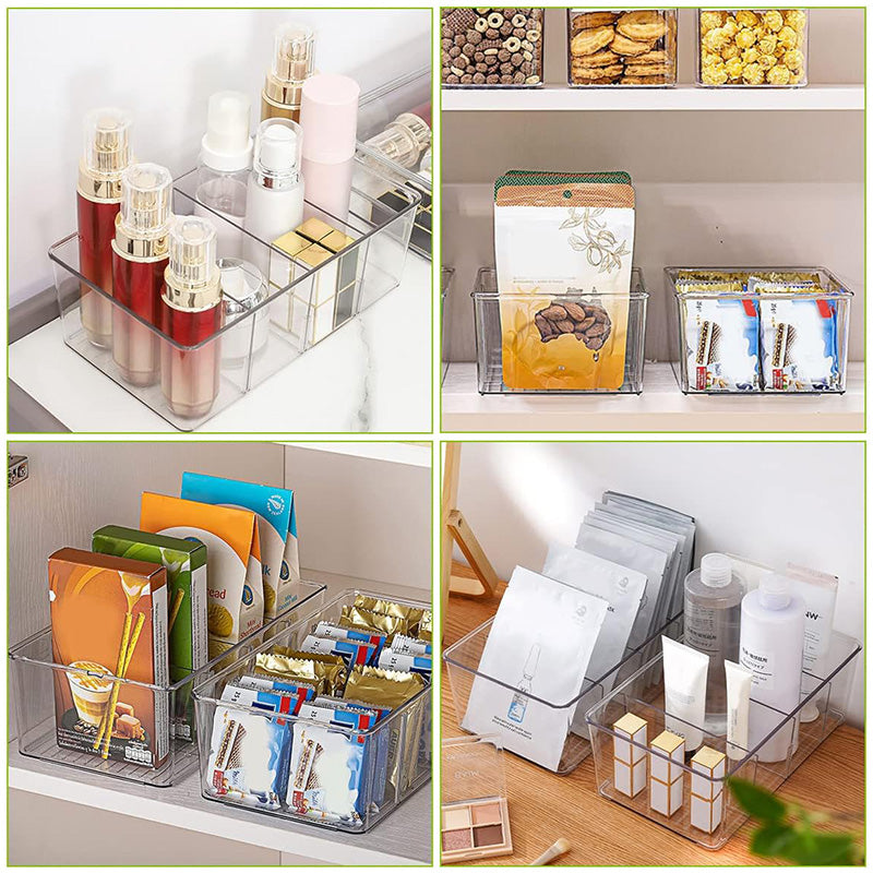 Compact Clear Plastic 4-Compartment Mini Storage Bins | For Pantry & Fridge Organizers Storage, Kitchen Organization, Fits Small Spice Pouches & Snack Packets