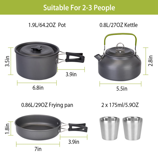 AEELLEEA 12-Piece Camping Cookware Set with Pot, Frying Pan, Kettle, Cups and Folding Utensils, Portable Outdoor Cooking Kit