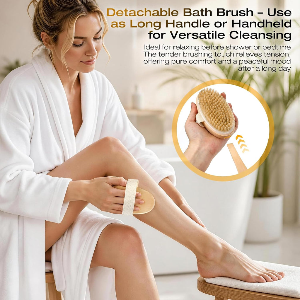 AEELLEEA 16.5 Inch Long Handle Bath Brush, Natural Boar Bristle Detachable Body Brush for Shower Exfoliating Dry Brushing Back Scrubber