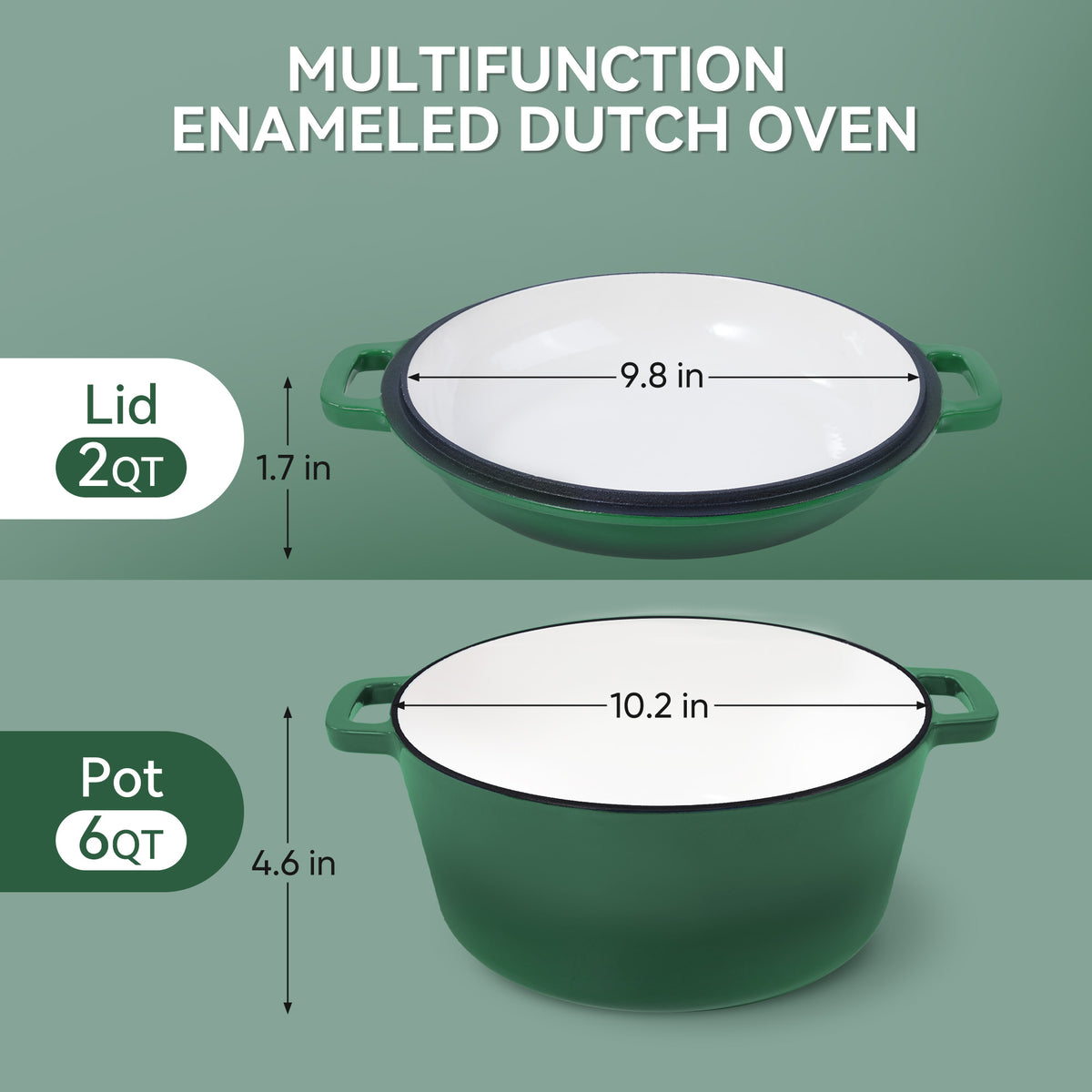 2 in 1 Enameled Cast Iron Dutch Oven, Multi-Functional Cover as Skillet, Dual Handles, Oven Safe, 3 Colors Available for Baking, Braising, Stewing