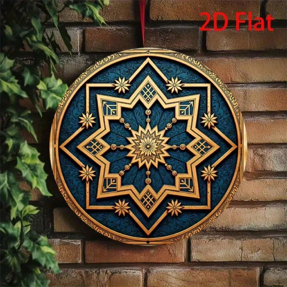 AEELLEEA-Blue Star Geometric Round Aluminum Tin Sign, 7.88 Inch 2D Flat Printed Islamic Style Wall Plaque, Waterproof Metal Art Decor