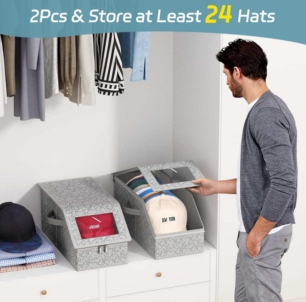 2 Pack Stackable Hat Storage for Baseball Caps, Holds up to 12 Caps Each, Grey Hat Organizer for Closet, Sturdy Cardboard Hat Boxes for Men