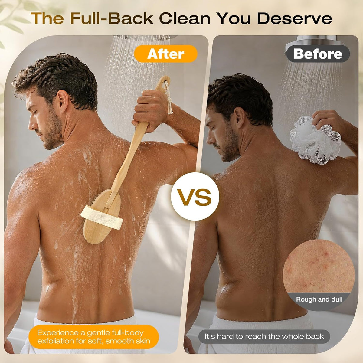 AEELLEEA 16.5 Inch Long Handle Bath Brush, Natural Boar Bristle Detachable Body Brush for Shower Exfoliating Dry Brushing Back Scrubber