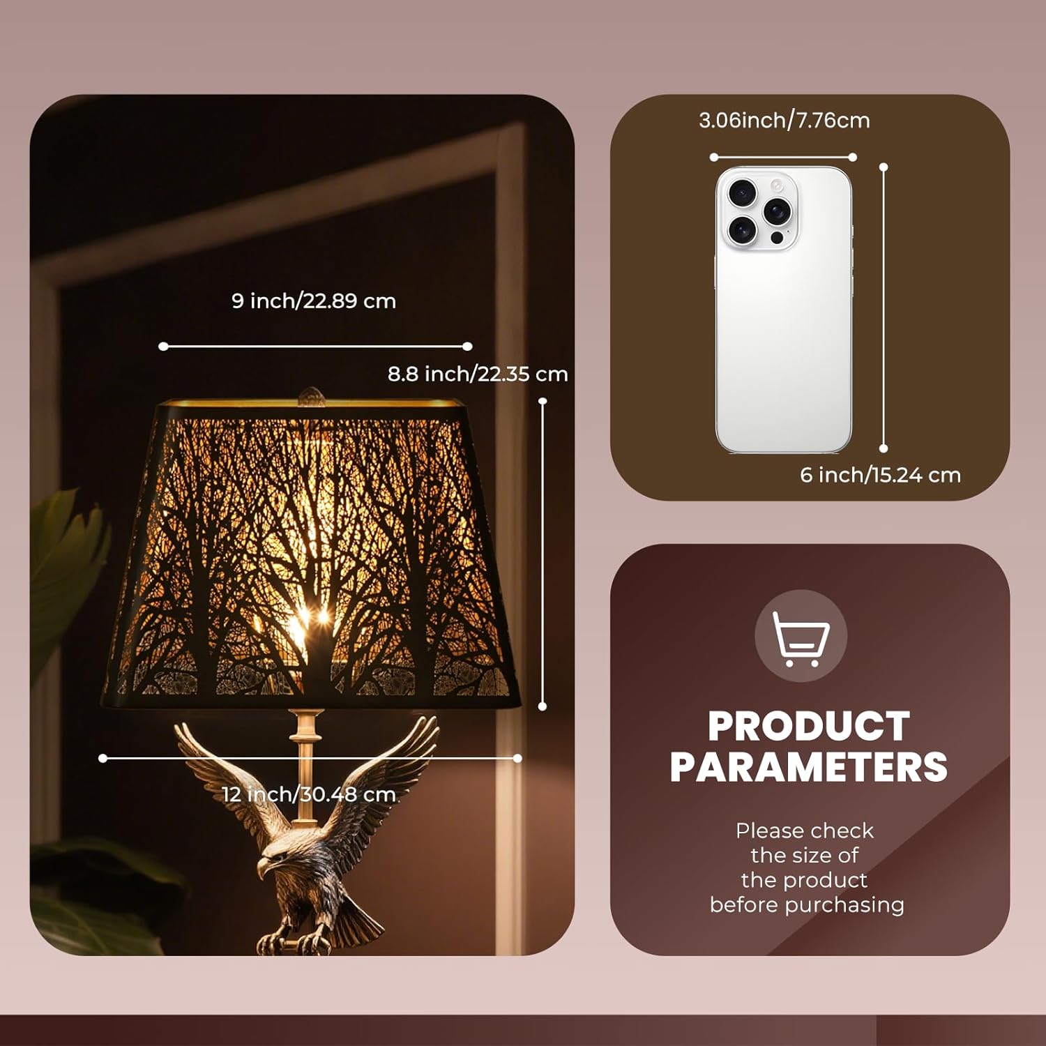 ALUCSET 9x12 Inch Square Metal Lamp Shade Trees Pattern Black Gold for Table Floor Lamp with Spider Fitter